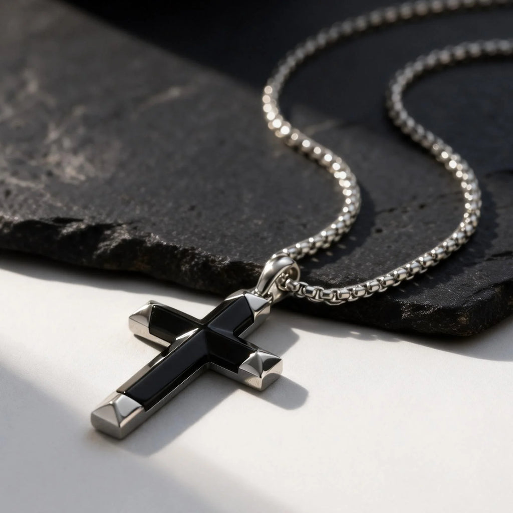 Luxury Natural Black Onyx Cross Necklace for Men,Waterproof Stainless Steel Cross Pendant,Jewelry Gift for Husband