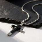 Luxury Natural Black Onyx Cross Necklace for Men,Waterproof Stainless Steel Cross Pendant,Jewelry Gift for Husband