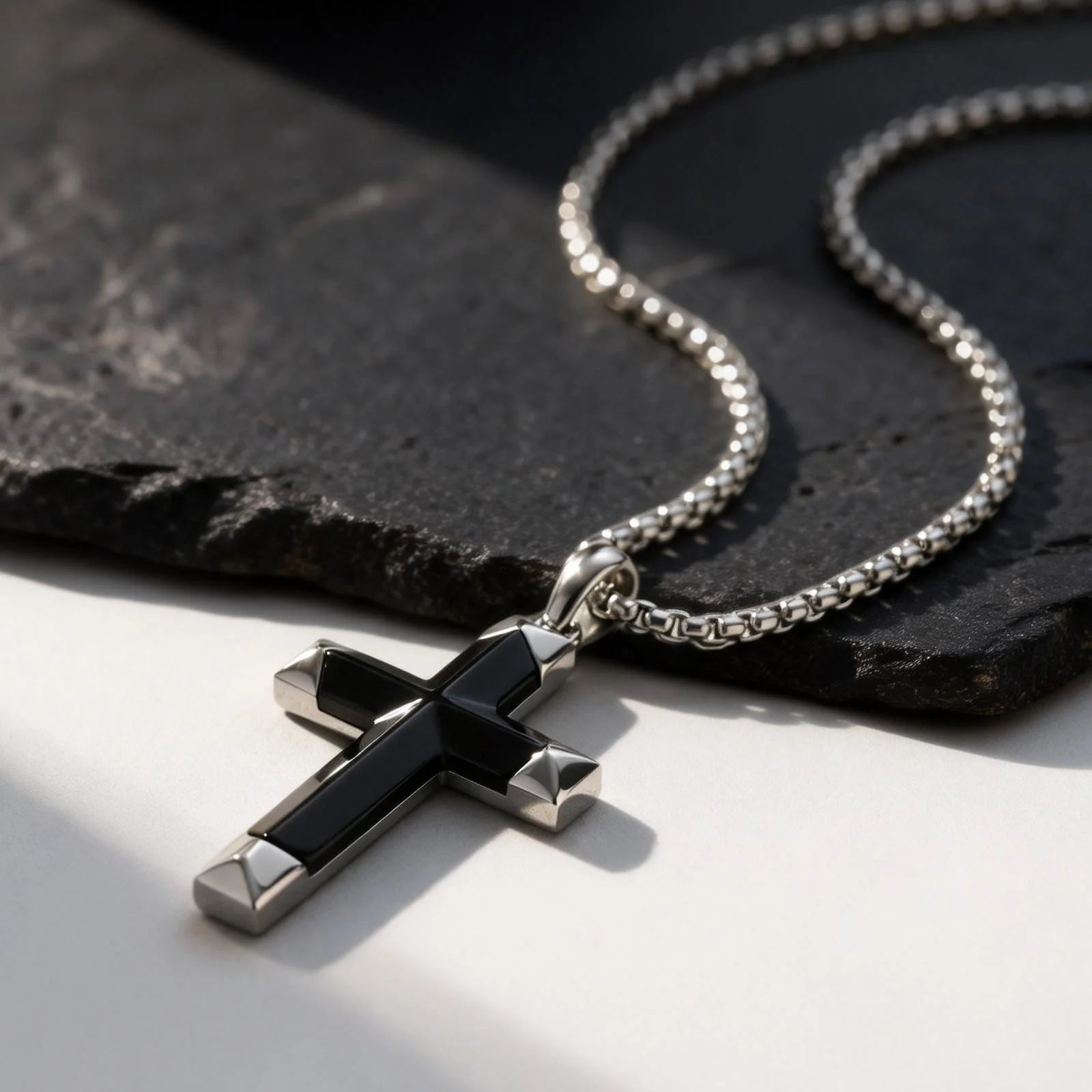 Luxury Natural Black Onyx Cross Necklace for Men,Waterproof Stainless Steel Cross Pendant,Jewelry Gift for Husband