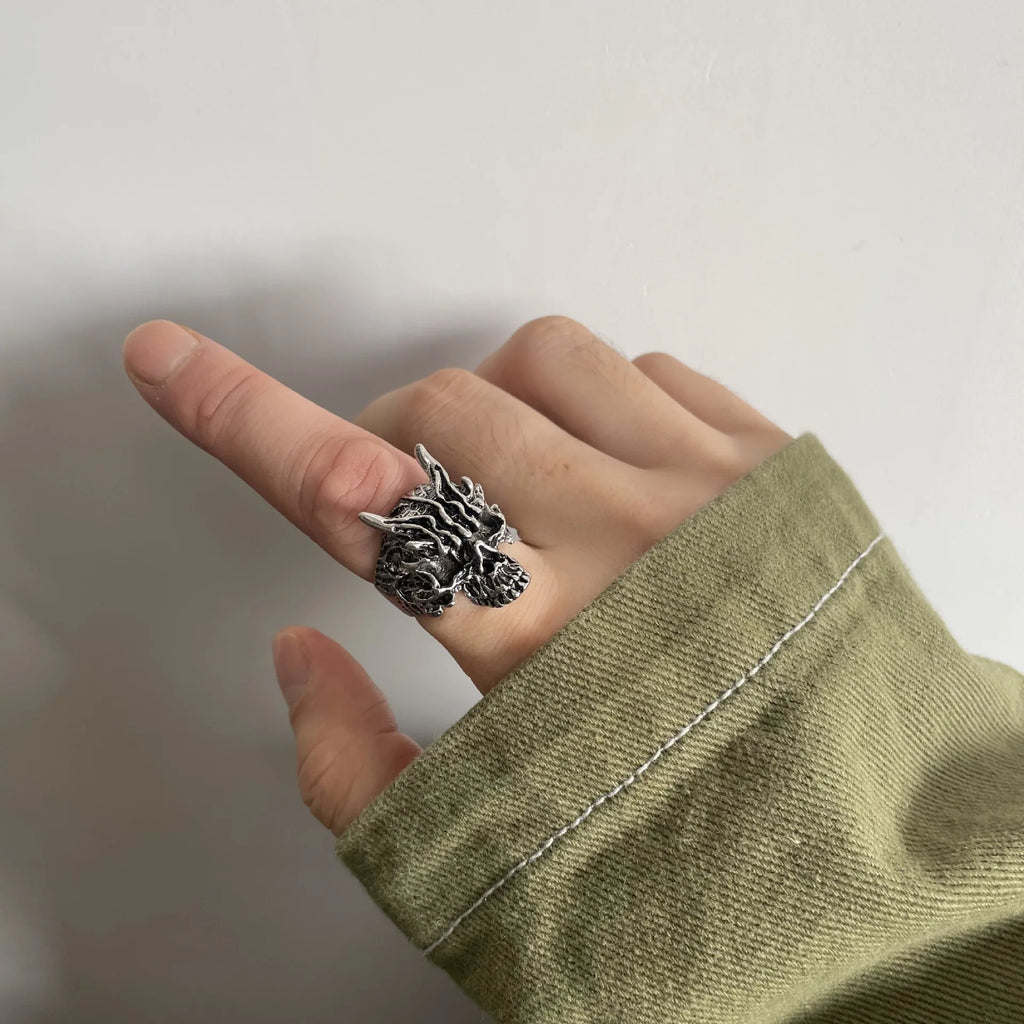 Retro Dark Rakshasa Skull Ring For Men Punk Gothic Rock Hiphop Open Ring Biker Accessories Designer Jewelry Unisex Gift