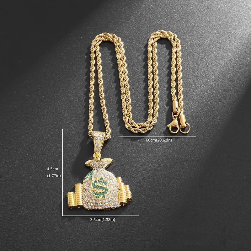 Gold Iced Out Money Bag Pendant Rope Chain