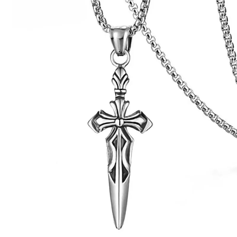Titanium Steel Crusader Cross Necklace, Black Coated Sword Pendant, Adjustable 60cm Chain, Gothic Gift for Men Women