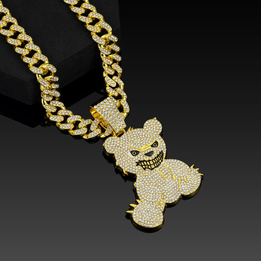 Men Women Hip Hop Bear Shape Pendant Necklace with 13mm Crystal Cuban Chain Iced Out Bling Bling Necklaces HipHop Punk