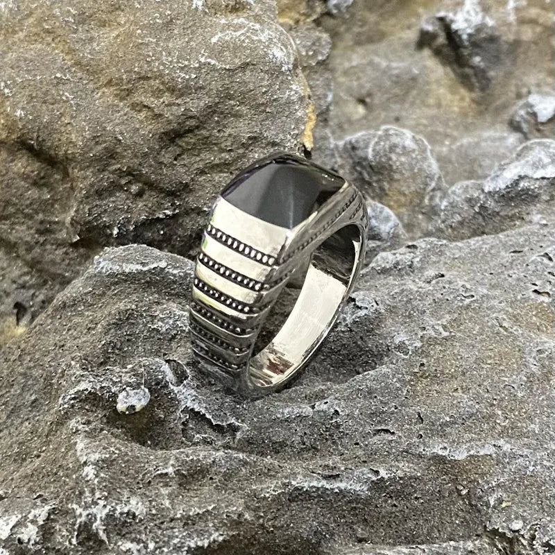 Square Simple Ring Stainless Steel Black Epoxy Vintage Men Ring Geometric Gift Fashion Women Unisex Punk Metal Jewelry