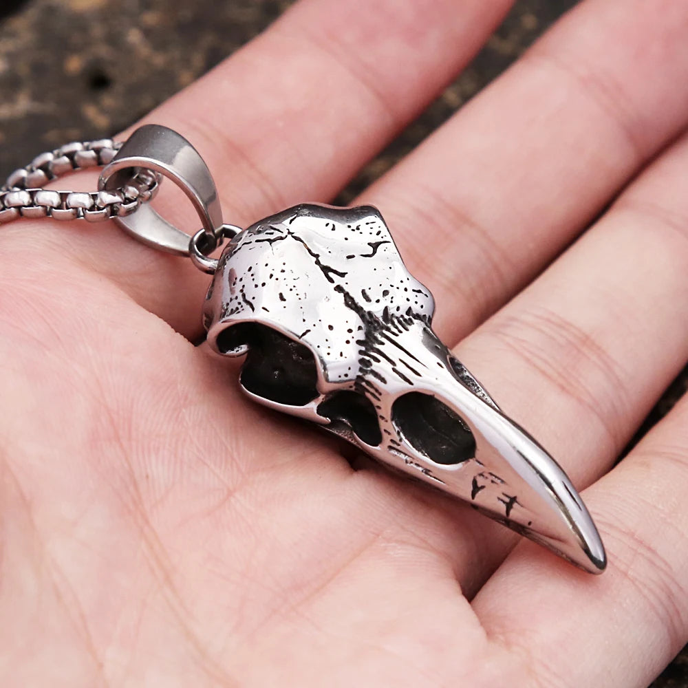 Vintage Nordic Odin Crow Skull Pendant Necklace for Men Stainless Steel Raven Skull Necklaces Pagan Amulet Jewelry