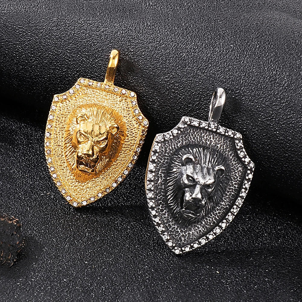 Lion Head Shield Pendant Necklace — Stainless Steel