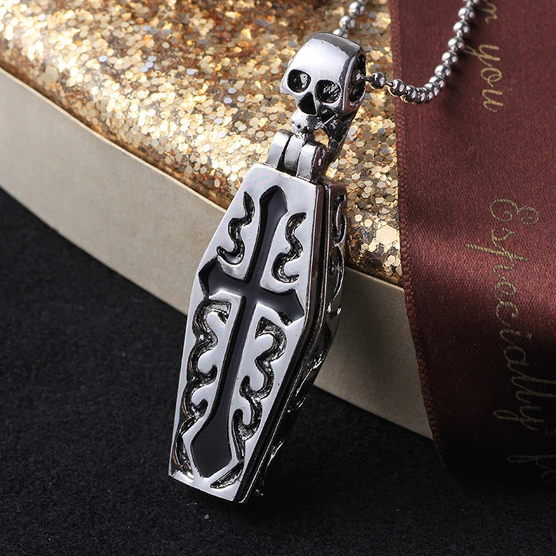 Silver Skull Coffin Pendant Necklace Box Chain