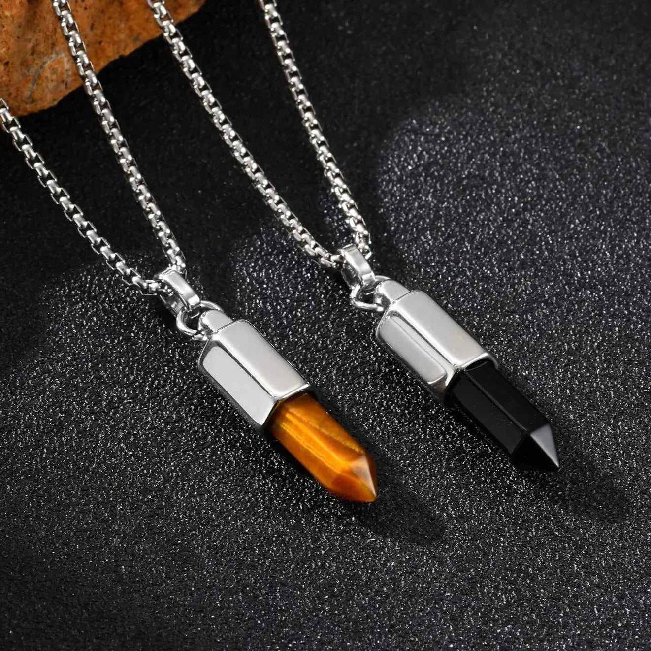 Black Agate Pendant Necklace — Stainless Steel