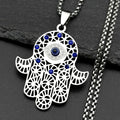 Turkish Evil Eye Hamsa Hand Necklace — Blue CZ, Stainless Steel