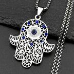 Turkish Evil Eye Hamsa Hand Necklace — Blue CZ, Stainless Steel
