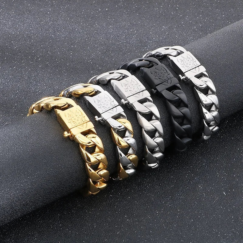 16MM Wide Gold Color Stainless Steel Curb Chain Man Bracelet Male Skull Head Bikers Jewelry Friendship Men's Bracelets