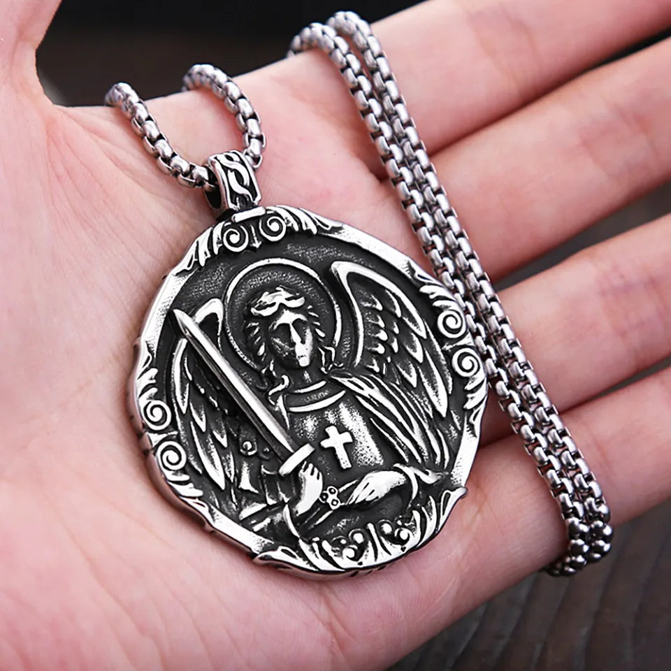 New Vintage Saint Michael Angel Pendant Necklaces Stainless Steel  Punk Motorcycle Amulet Angel Necklace For Men Fashion Jewelry