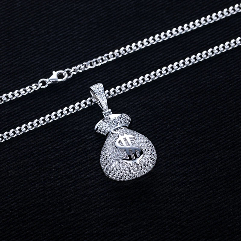 Iced Out Money Bag Pendant — 925 Silver