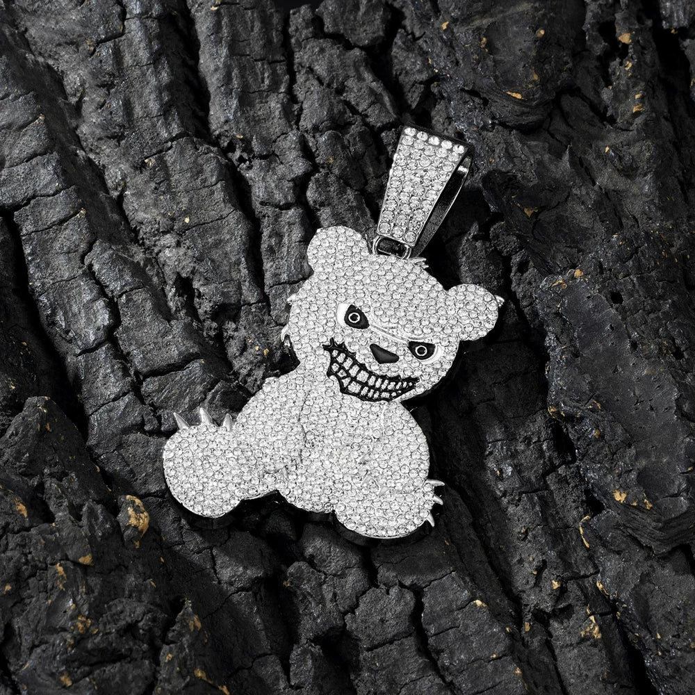 Men Women Hip Hop Bear Shape Pendant Necklace with 13mm Crystal Cuban Chain Iced Out Bling Bling Necklaces HipHop Punk