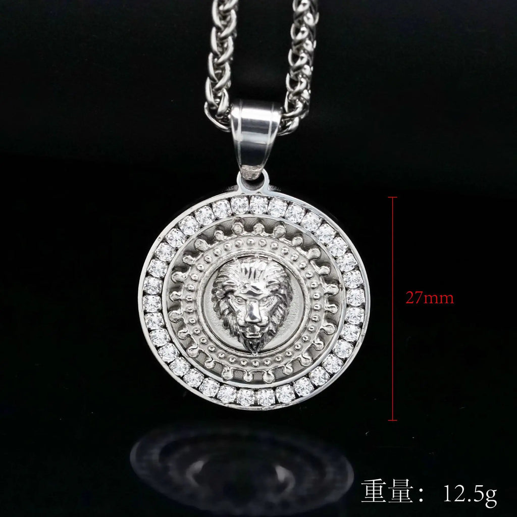 Lion Head Rhinestone Pendant Necklace — Stainless Steel