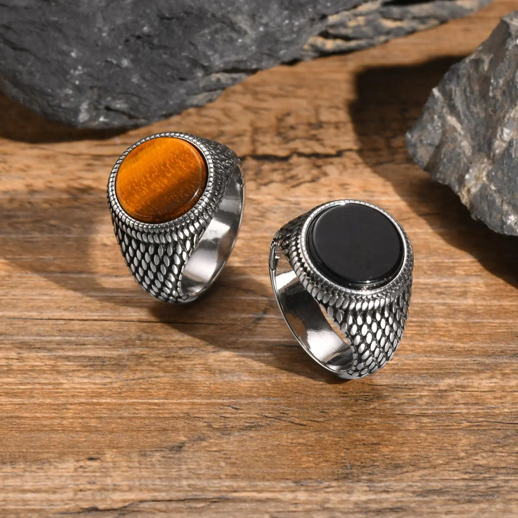 Vnox Dragon Scales Textured Signet Ring for Men,Round Tiger Eye Stone Top Finger Band,Black Gemstone Stainless Steel Stamp Ring