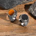 Vnox Dragon Scales Textured Signet Ring for Men,Round Tiger Eye Stone Top Finger Band,Black Gemstone Stainless Steel Stamp Ring