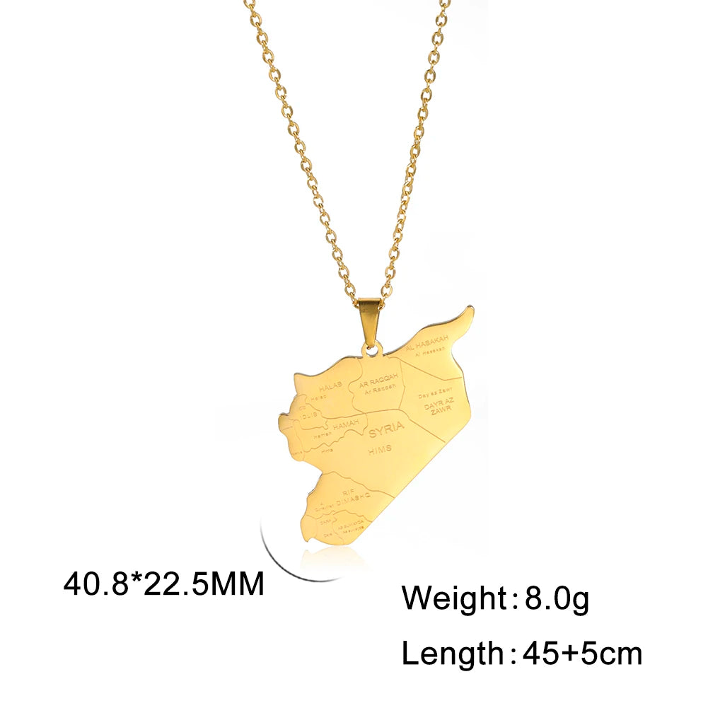 Cazador Stainless Steel Syria Map Pendant Necklace Country City Geography Chain Necklaces for Women Men Jewelry Gift Wholesale