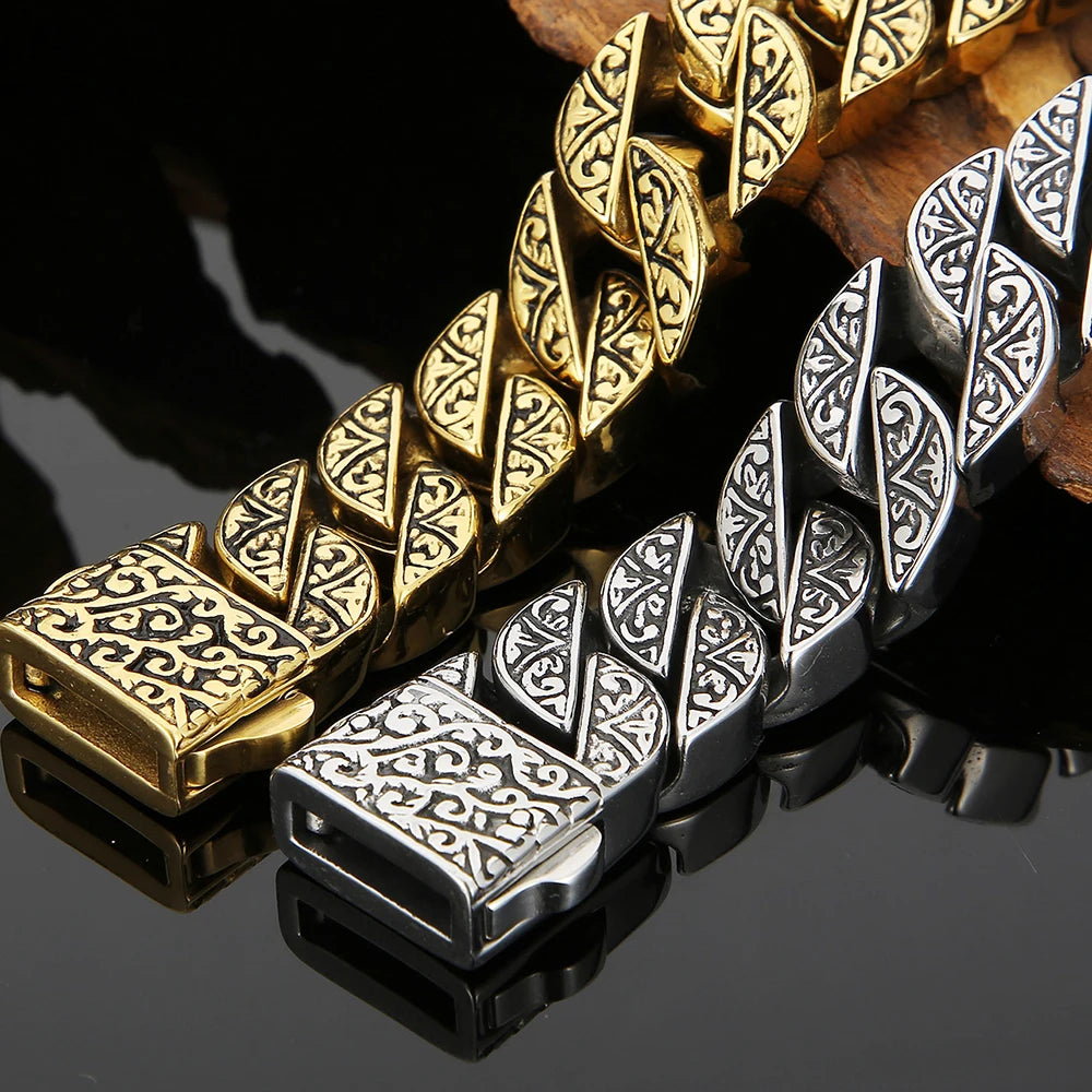 Stainless Steel 17MM Wide Chain Man Bracelet Homme Gold Color Metal Strap Men's Bracelets For Man Products 7.9"