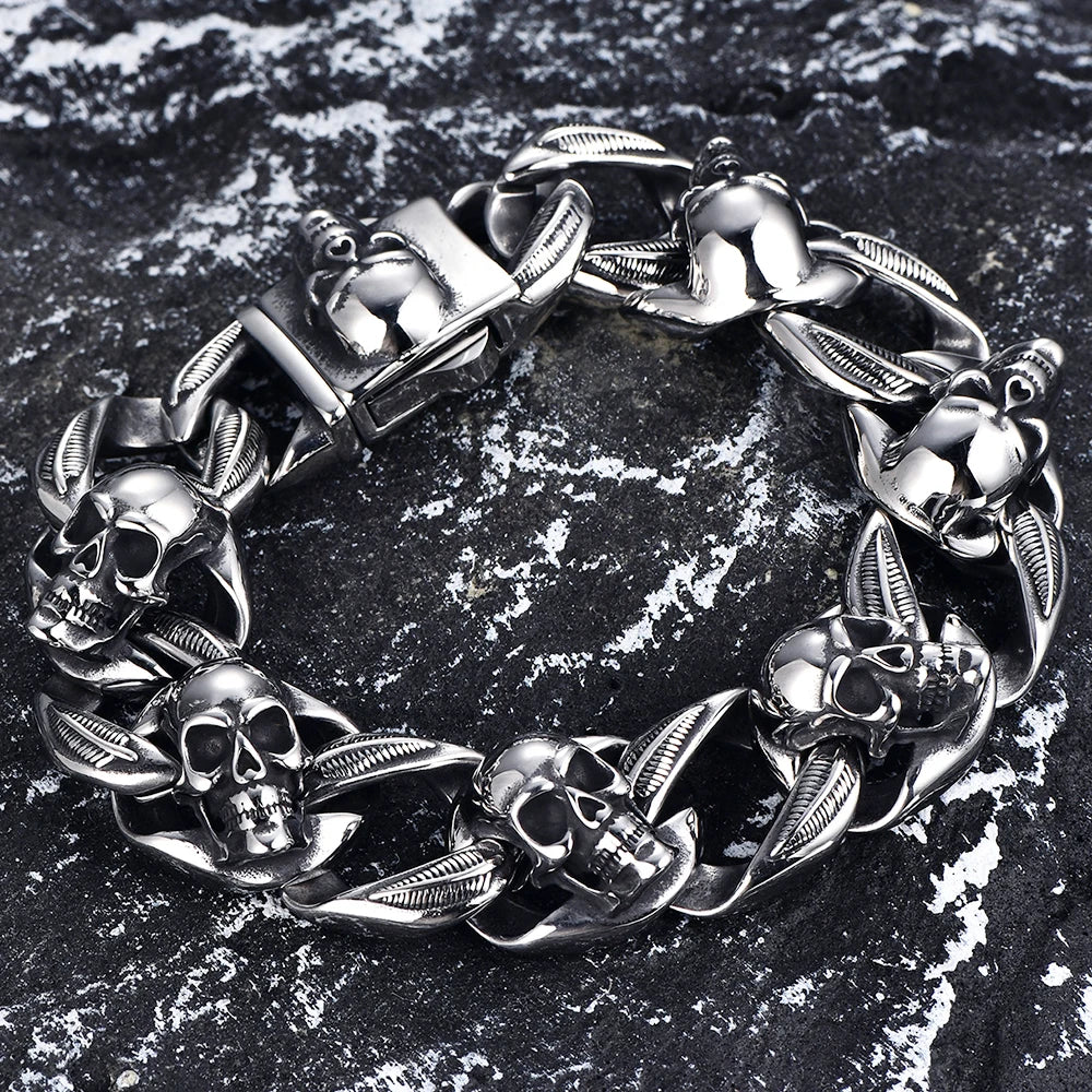 Punk Goth Matte Black Man Men's Bracelets Of Skull Head Cuban Link Chain Stainless Steel Skeleton Jewelry Boys Male