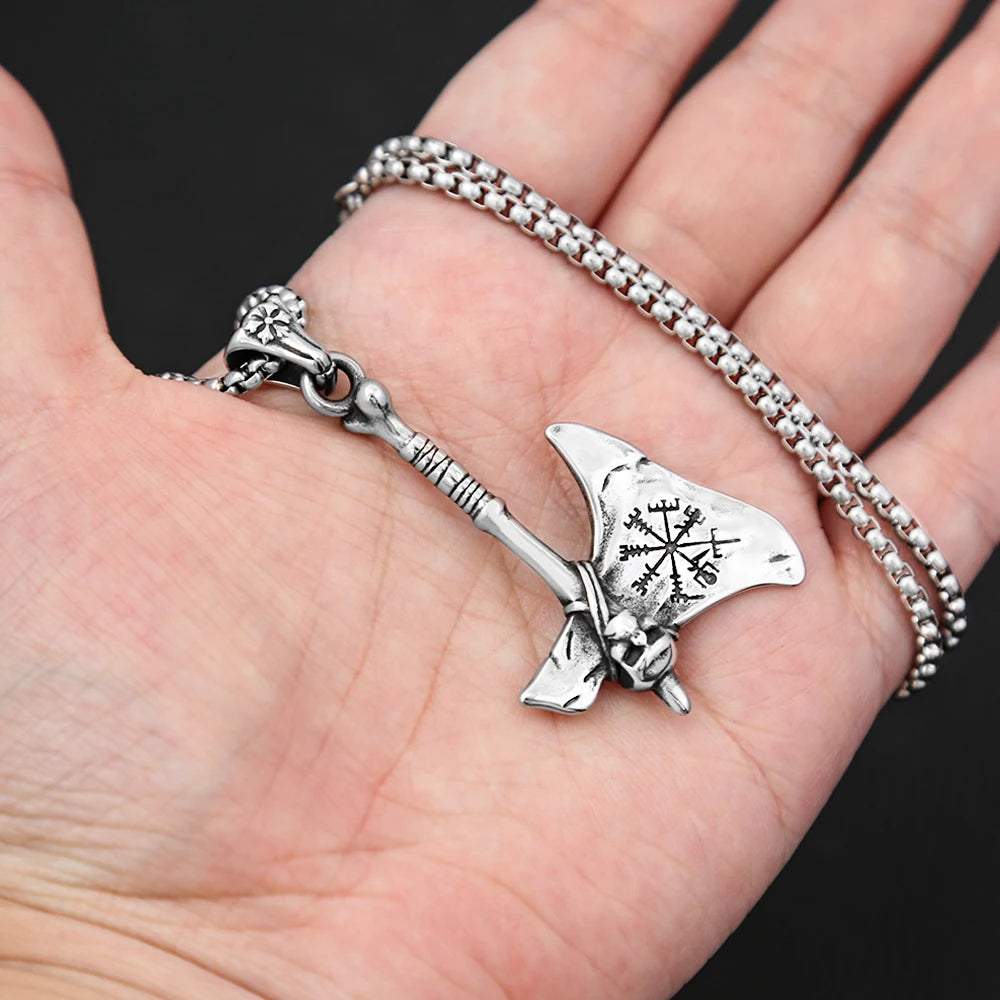 Viking Steel Pendant Vintage Warrior Axe Vegvisir