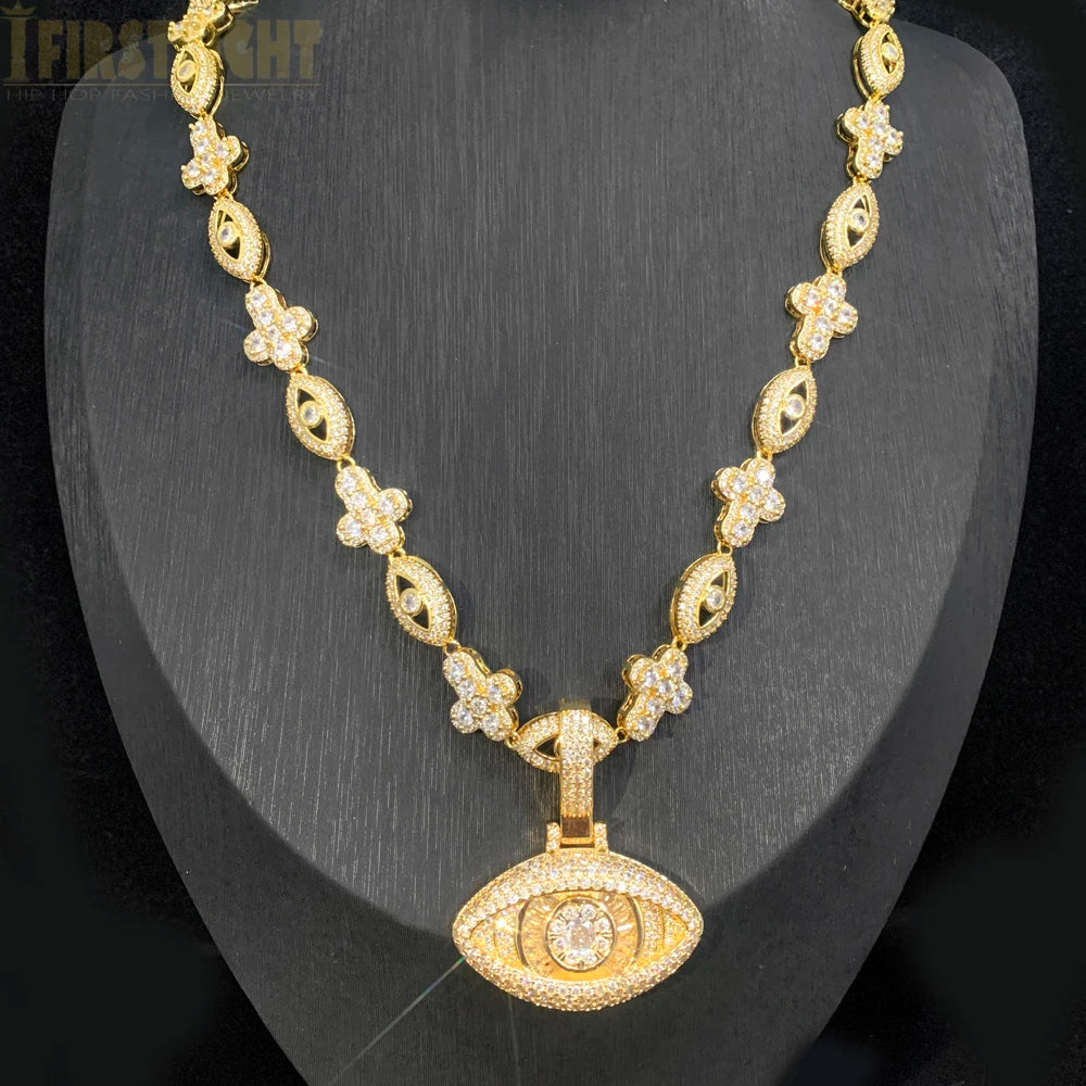 2026 New Iced Out Luxury Eye Cross Necklace Bling Cubic Zirconia Charm Tennis Chain for Men Women Hip Hop Jewelry