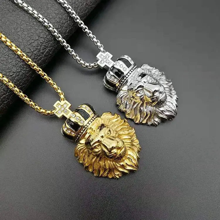 Lion Crown Cross Pendant Necklace — Stainless Steel