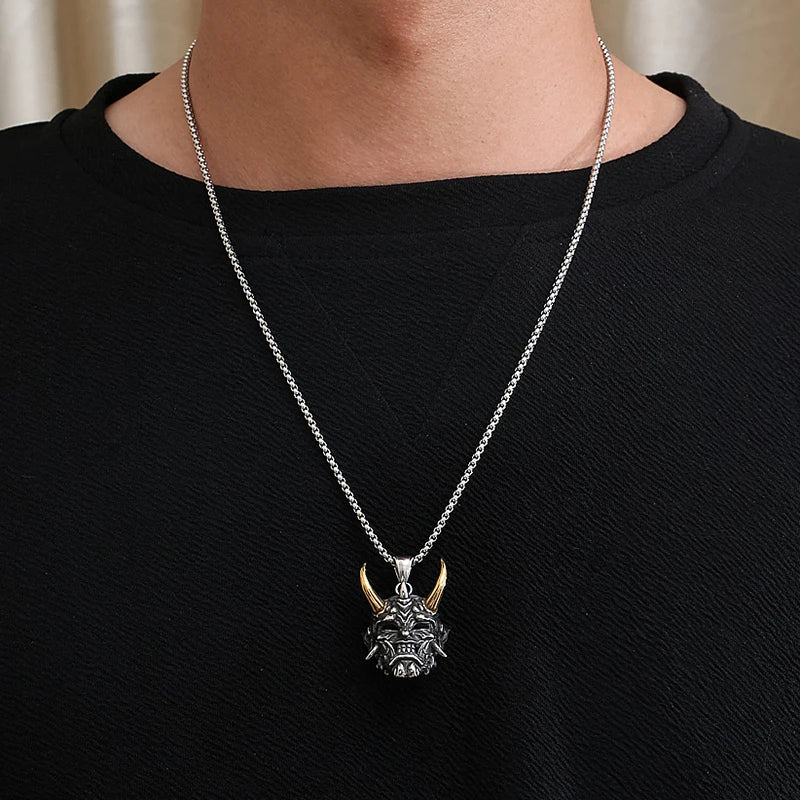 Two-Tone Horn Mask Pendant Necklace Statement
