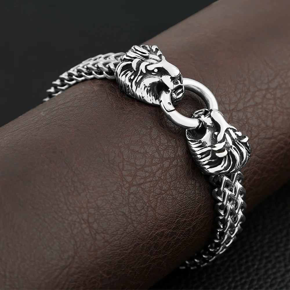 Double Lion Head Biker Bracelet — Stainless Steel, 23.5cm