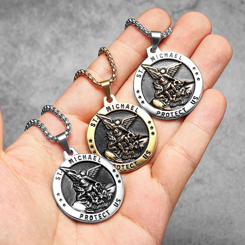 Arch Angel St.Michael Men Necklaces Stainless Steel Pendant Chain Powerful Amulet Vintage Cool Women Jewelry Gifts