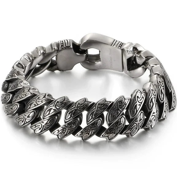 Heavy 316L Stainless Steel Men's Bracelet Vintage Pattern Link Chain Hand Bracelets for Man Massive Male Jewelry