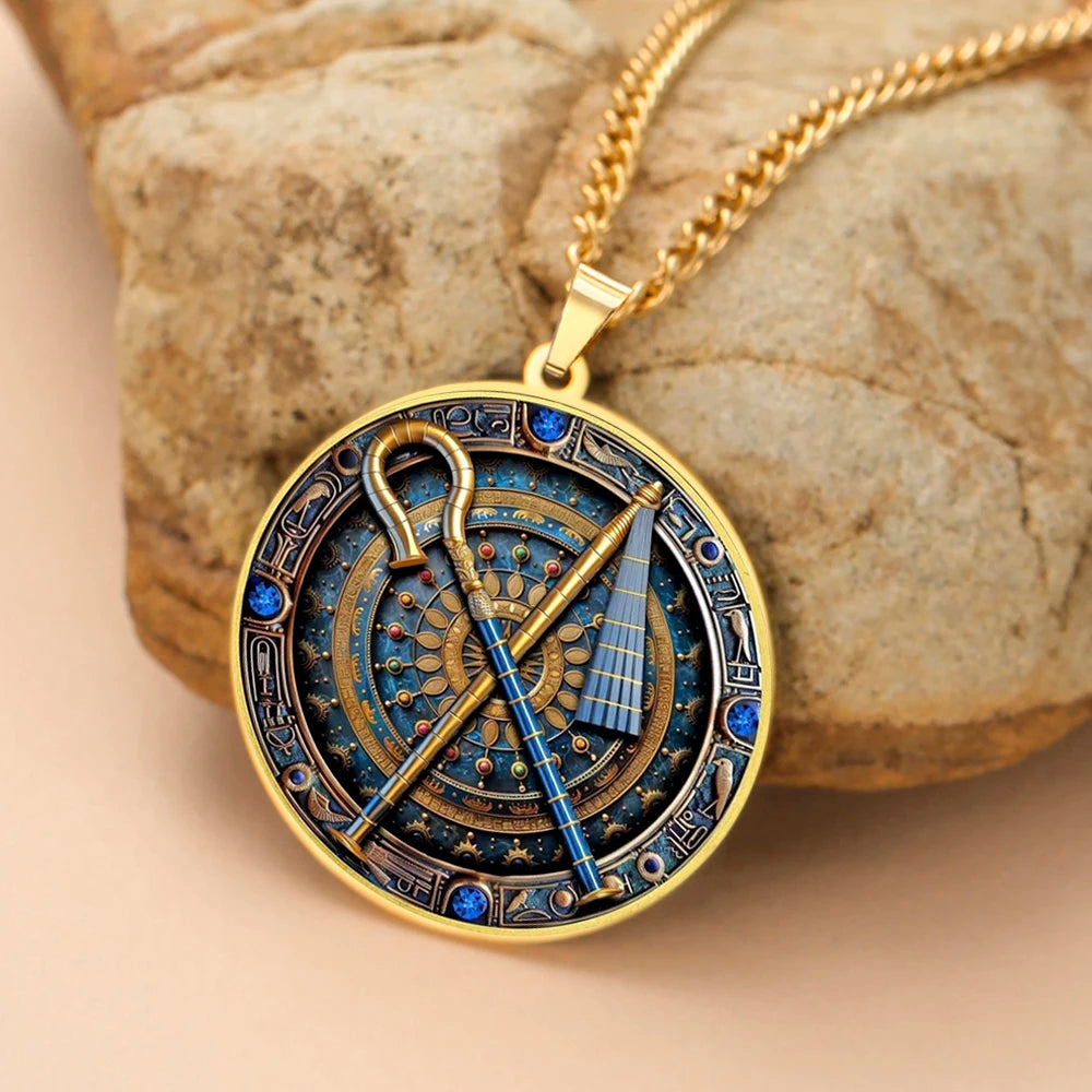 Dawapara Crook and Flail Pendant Necklace Ancient Egyptian Mythology Totem Symbol of Strength Stainless Steel Jewelry