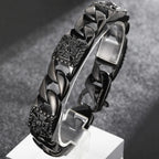 Punk Skull Bracelet Men's Black Stainless Steel Vintage Cuban Link Chain Bracelet with Skulls Spring Clasp Gothic Biker