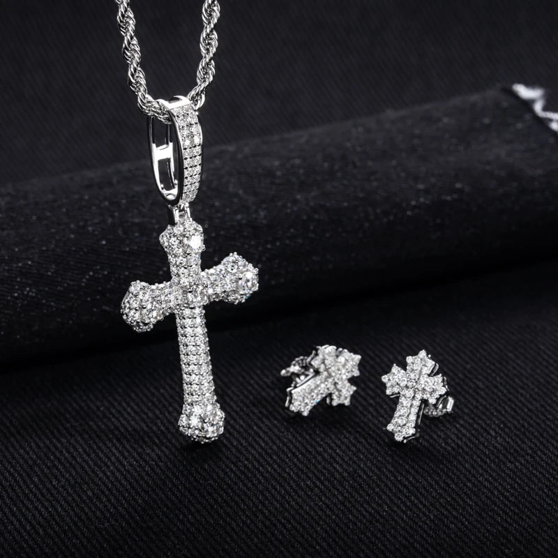 Iced Out Cross Necklace Set — 925 Silver