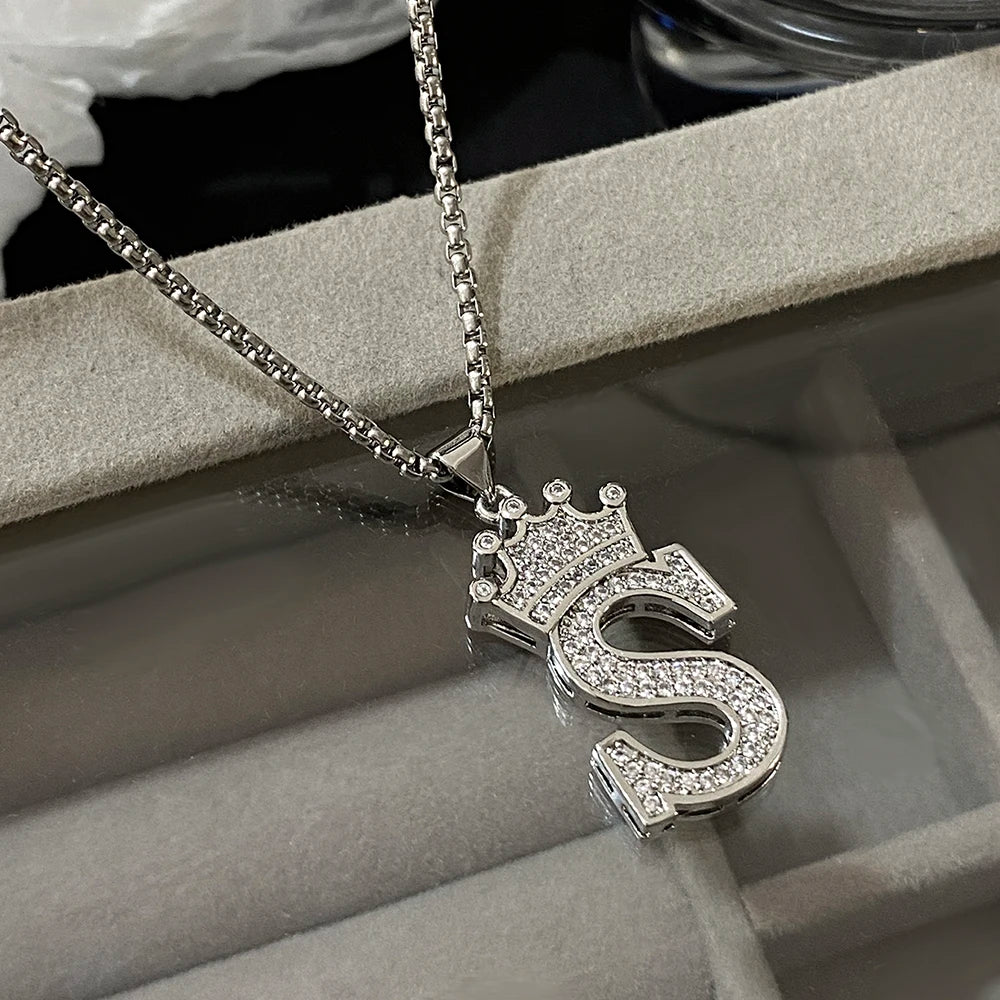 Freetry 26 Letters A-Z Zircon Crown Pendant Necklace for Women Men Punk Initial Alphabet Necklaces Hip Hop Choker Chain