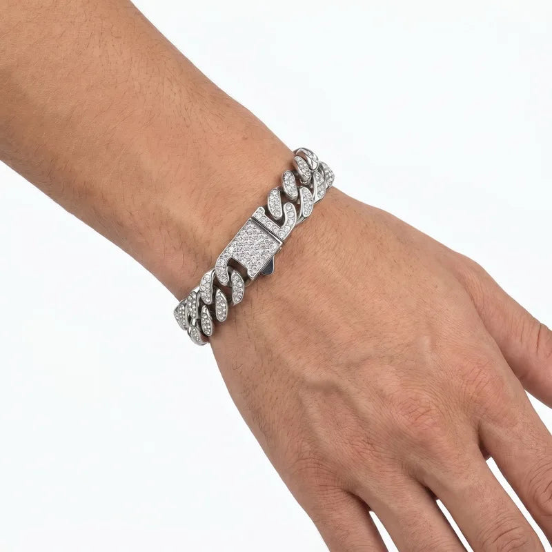 11mm full Rhinestone Miami Chain Bracelet for Men Rock Thick Cuban Chain Stainless Steel Punk Biker Jewelry Gifts