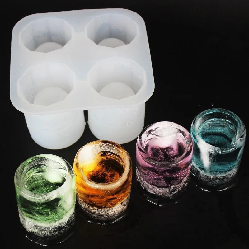 Silicone Ice Cube Mold Four Hole Press Ice Block Maker Creative Round Cup Shape Ice Molds for Whiskey Beer Bar Kitchen