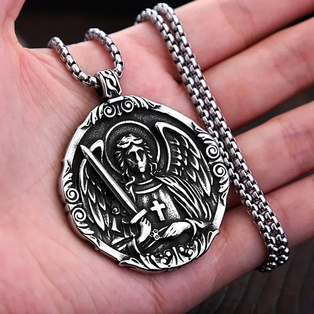 Saint Michael Archangel Cross Pendant Stainless Steel Vintage Classic Archangel Amulet Necklace For Men Women Fashion Jewelry
