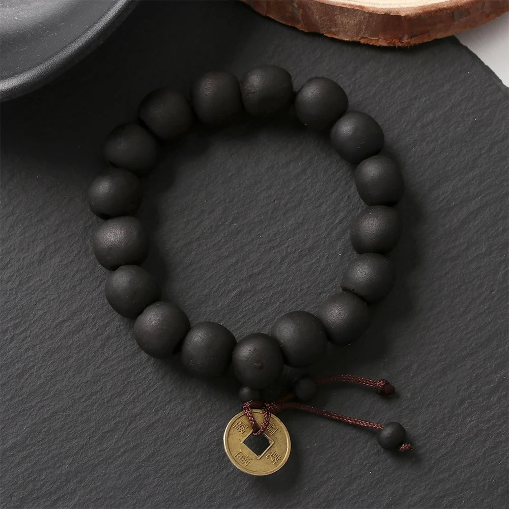 1Pc Wood Bead New Buddha Bracelet Buddhist Bangle Prayer Beads Copper Coin Women Men Lucky Religion Bracelets Charm