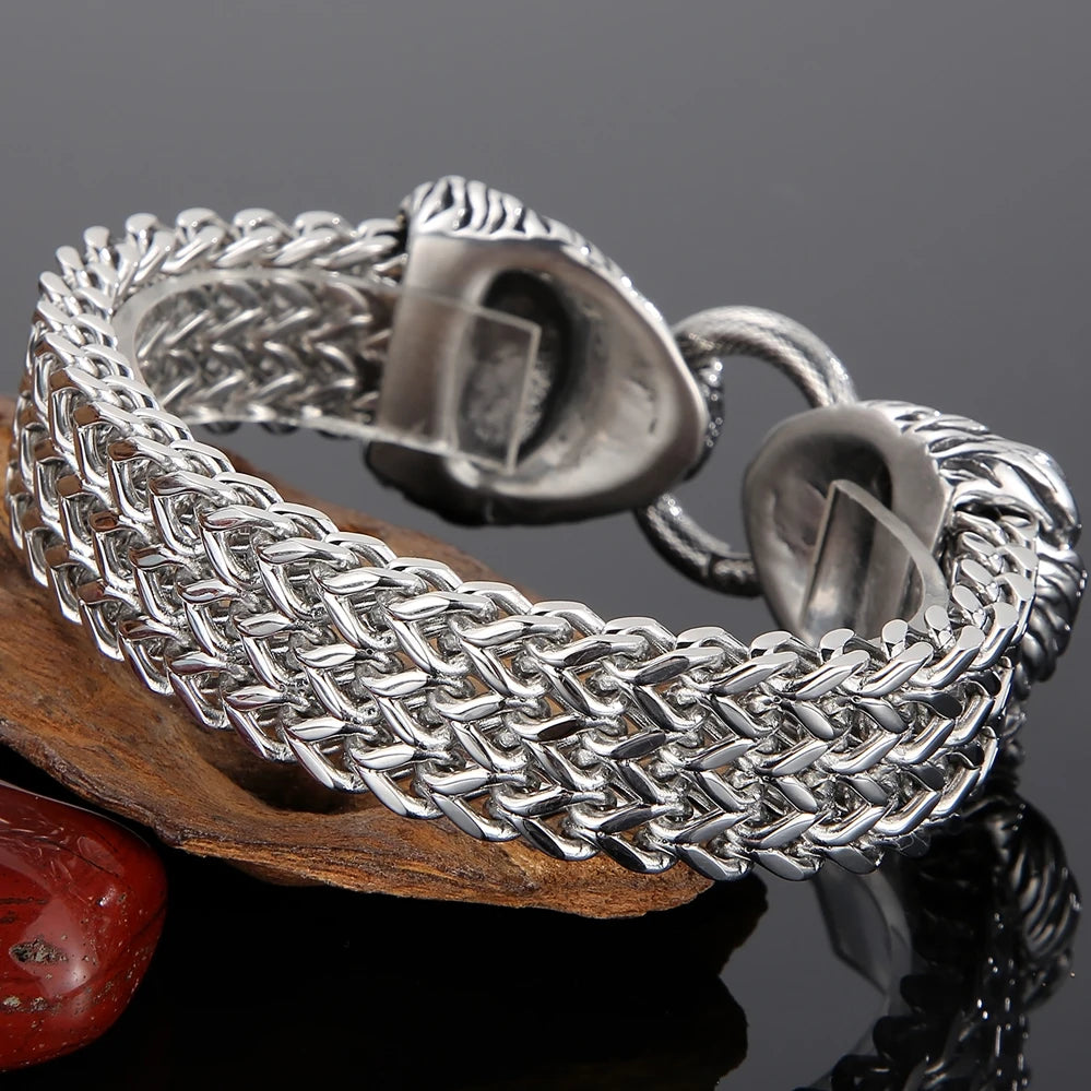 Massive Lion Skull Head Bracelet for Man Stainless Steel 18MM Wide Square Franco Chain Men's Bracelets Animal Wrist