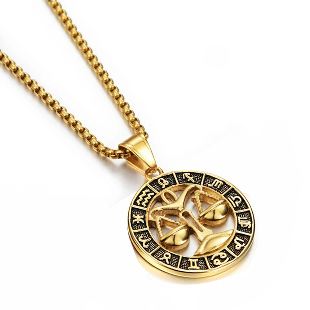 Zodiac Sign Leo Scorpio Pendant Necklace for Women/Men Gold Color Stainless Steel Round 12 Constellation Necklaces