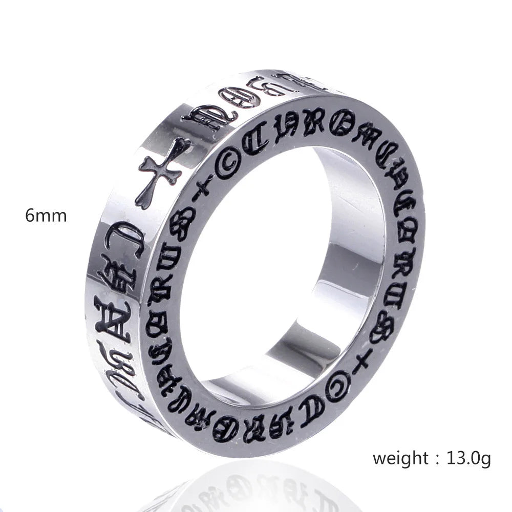 Retro Six-Character Mantra Stainless Steel Finger Ring Men Women Eternal Heart Cross Ring - Vintage Style Jewelry Accessories