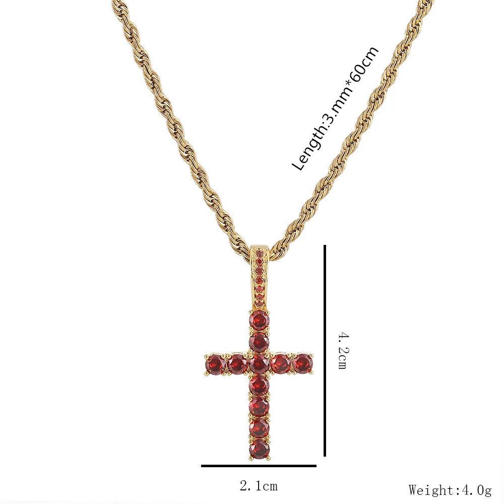 Two-Tone Iced Out Cross Pendant Red Zircon