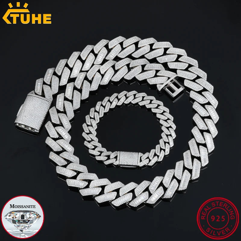 TUHE High Quality Unisex Geometry Iced Out Baguette VVS1 Moissanite Cuban Chain Necklace 925 Silver For Men Hip Hop Jewelry