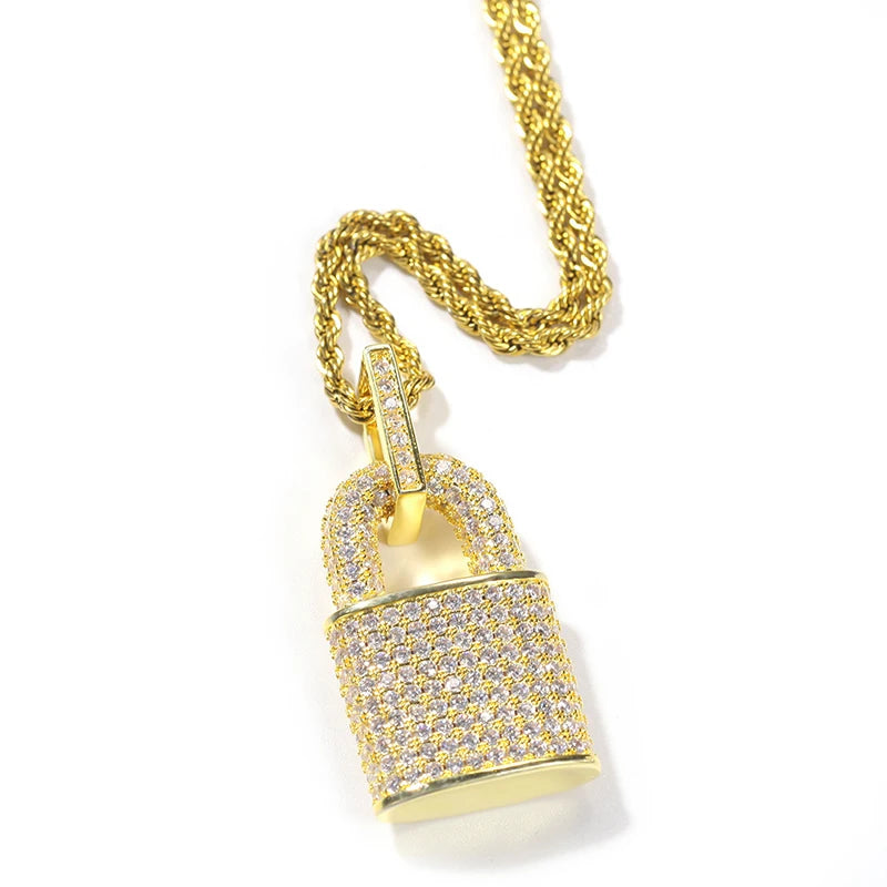 Huitan Hip Hop Lock Pendant Necklace for Women Men Full with Bling Bling CZ Statement Rock Neck Accessories Female Male Jewelry