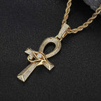 Gold Cross Ankh Pendant Necklace Iced Out 18K