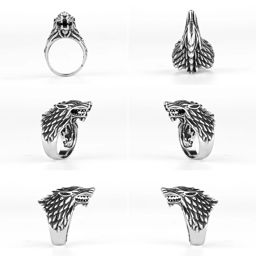 Viking Domineering Wolf Head Ring Men's Fashion Personality Creative Temperament Stainless Steel Ring Jewelry Gift