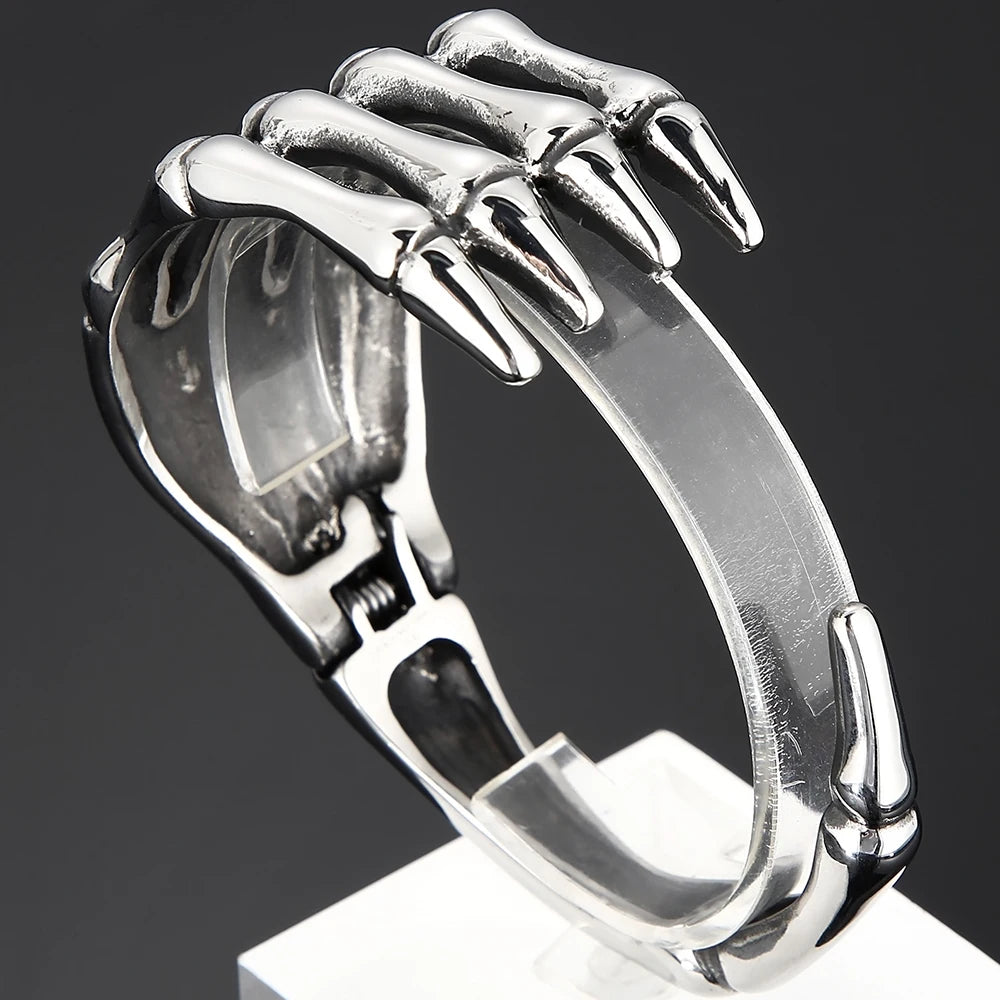 Gothic Stainless Steel Open Cuff Bangle Bracelet For Man Punk Skull Hand Shaped Men's Bracelets Rockers' Jewelry