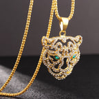 Men's Fashion Titanium Steel Plated Rhinestone Green Eyes Hollow Tiger Head Pendant Necklace Punk Hip Hop Personality
