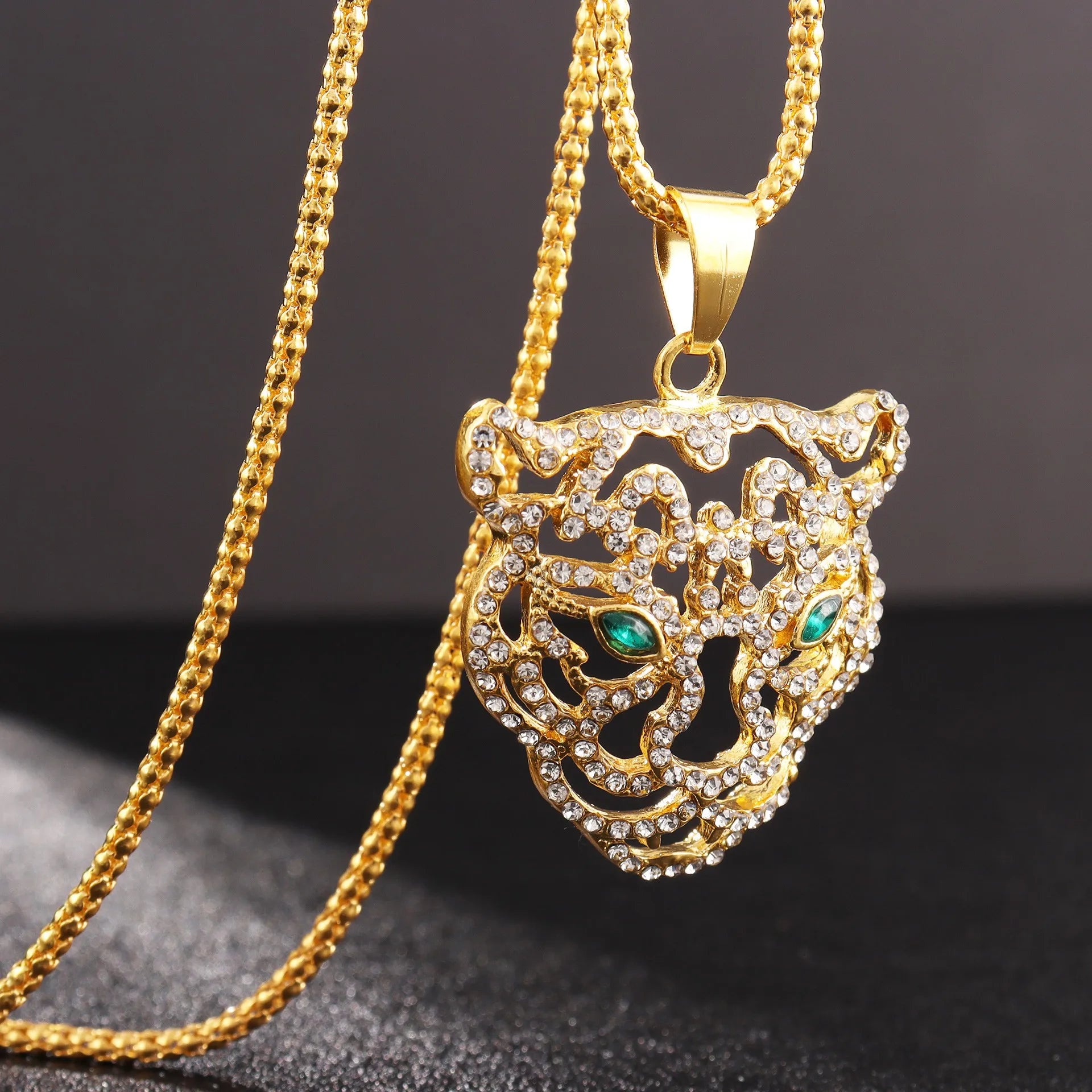 Men's Fashion Titanium Steel Plated Rhinestone Green Eyes Hollow Tiger Head Pendant Necklace Punk Hip Hop Personality